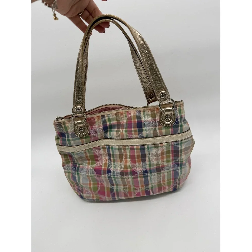 Coach 19611 Madras Signature Sequin Shoulder Tote Bag Pink Pastel Plaid Purse